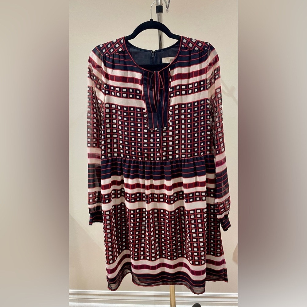 Ann Taylor Loft - Black Red Multicolored Sheer Long sleeves Dress - Picture 2 of 5